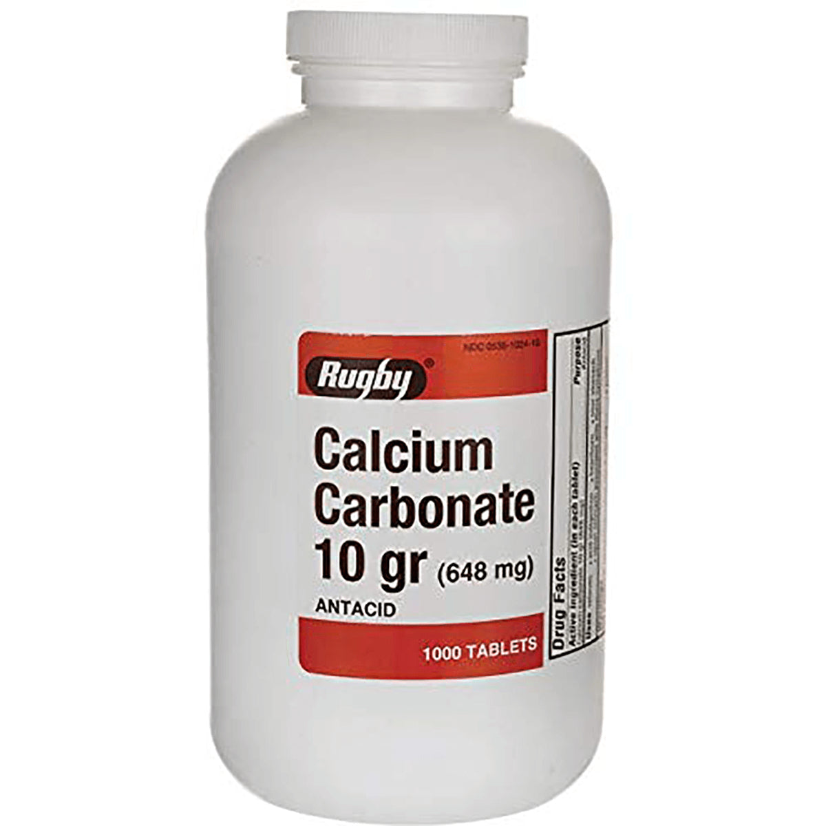 WAT079 | Rugby Calcium Carbonate 10 gr (648 mg) antacid bottle, 1000 tablets