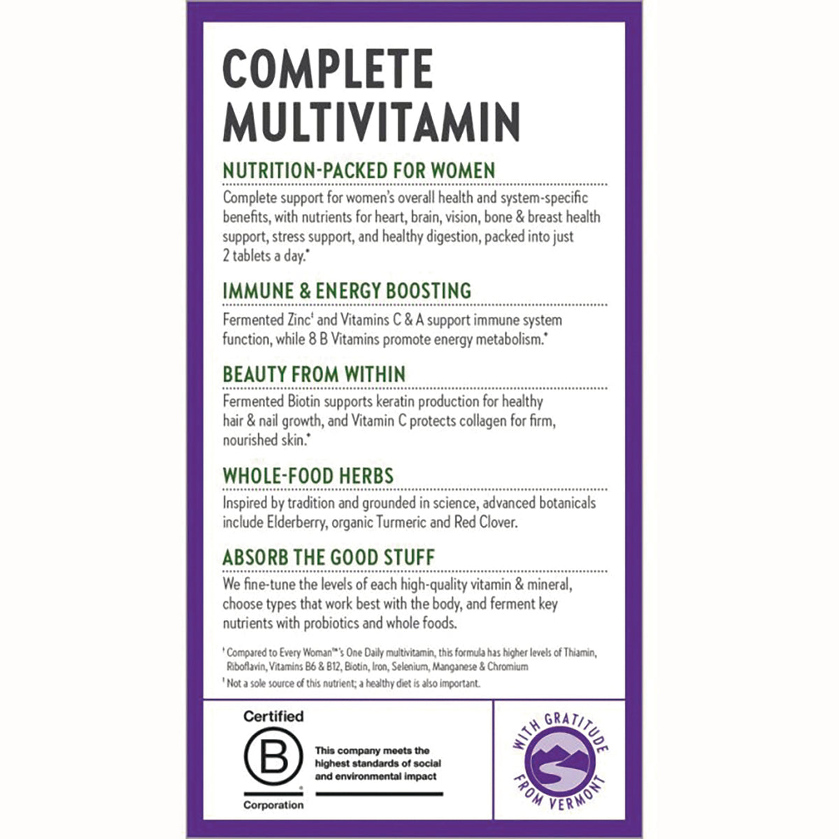 NWC140 | Complete Multivitamin product infographic for women listing immune and energy, beauty, whole-food herbs, absorption claims and certification logos
