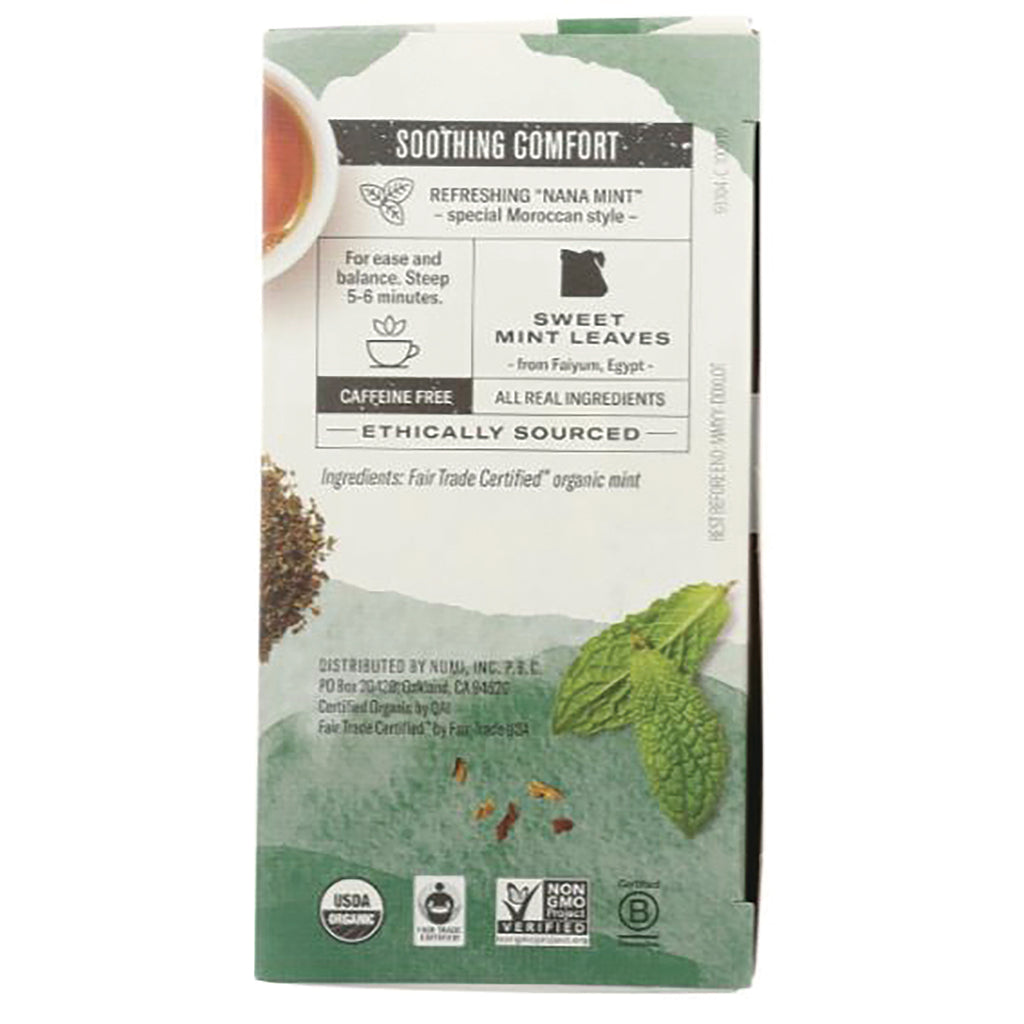 NUM009 | Back of mint tea box showing ingredients, steeping instructions, mint leaves illustration and certification icons - Thumbnail