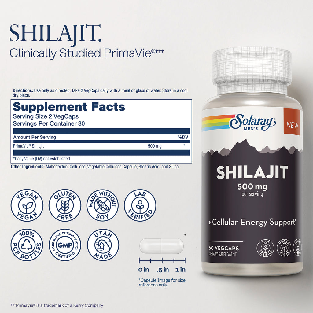 SLR534 | back panel with Supplement Facts listing PrimaVie Shilajit 500 mg, capsule size graphic, certification icons and partial bottle - Thumbnail