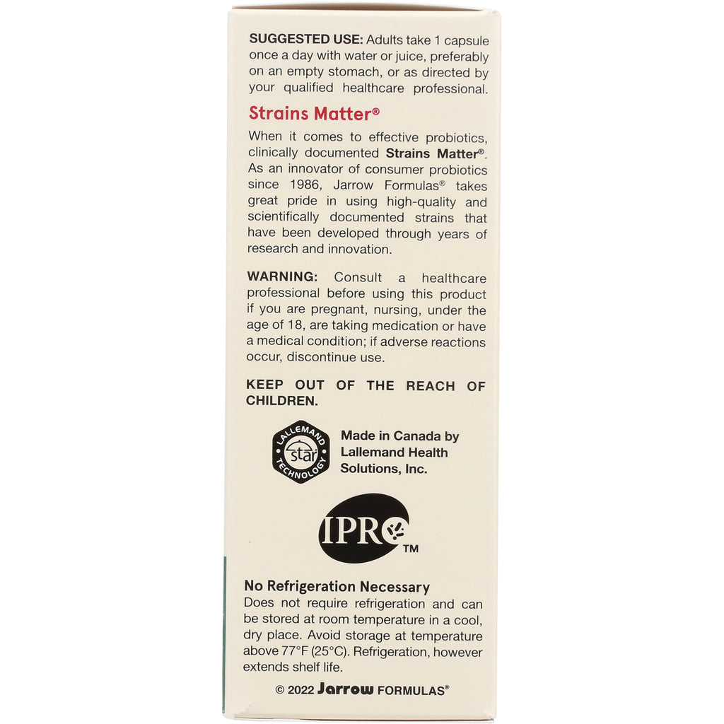 JR341 | back panel of probiotic box showing suggested use, warning, No Refrigeration Necessary and brand logos - Thumbnail