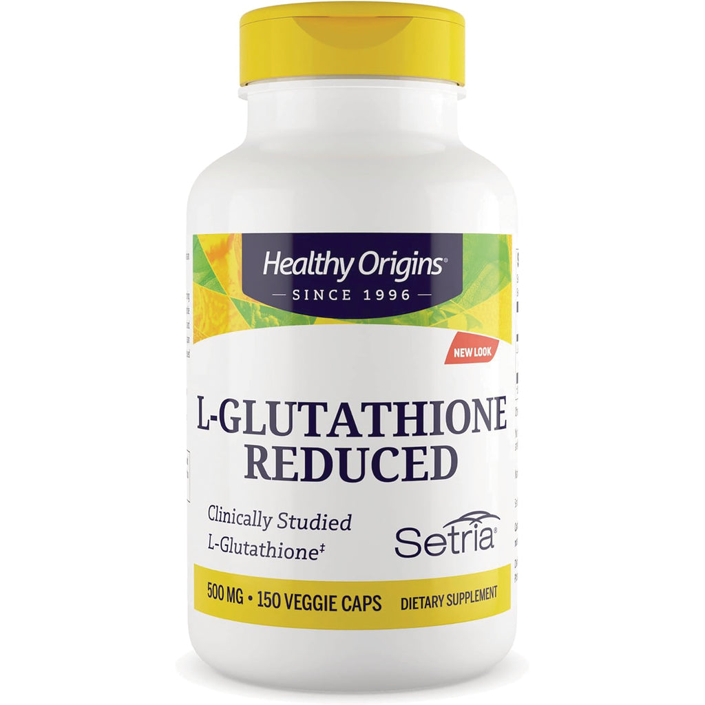 Healthy Origins L-Glutathione Reduced supplement bottle front label showing 500 MG 150 veggie caps - Thumbnail