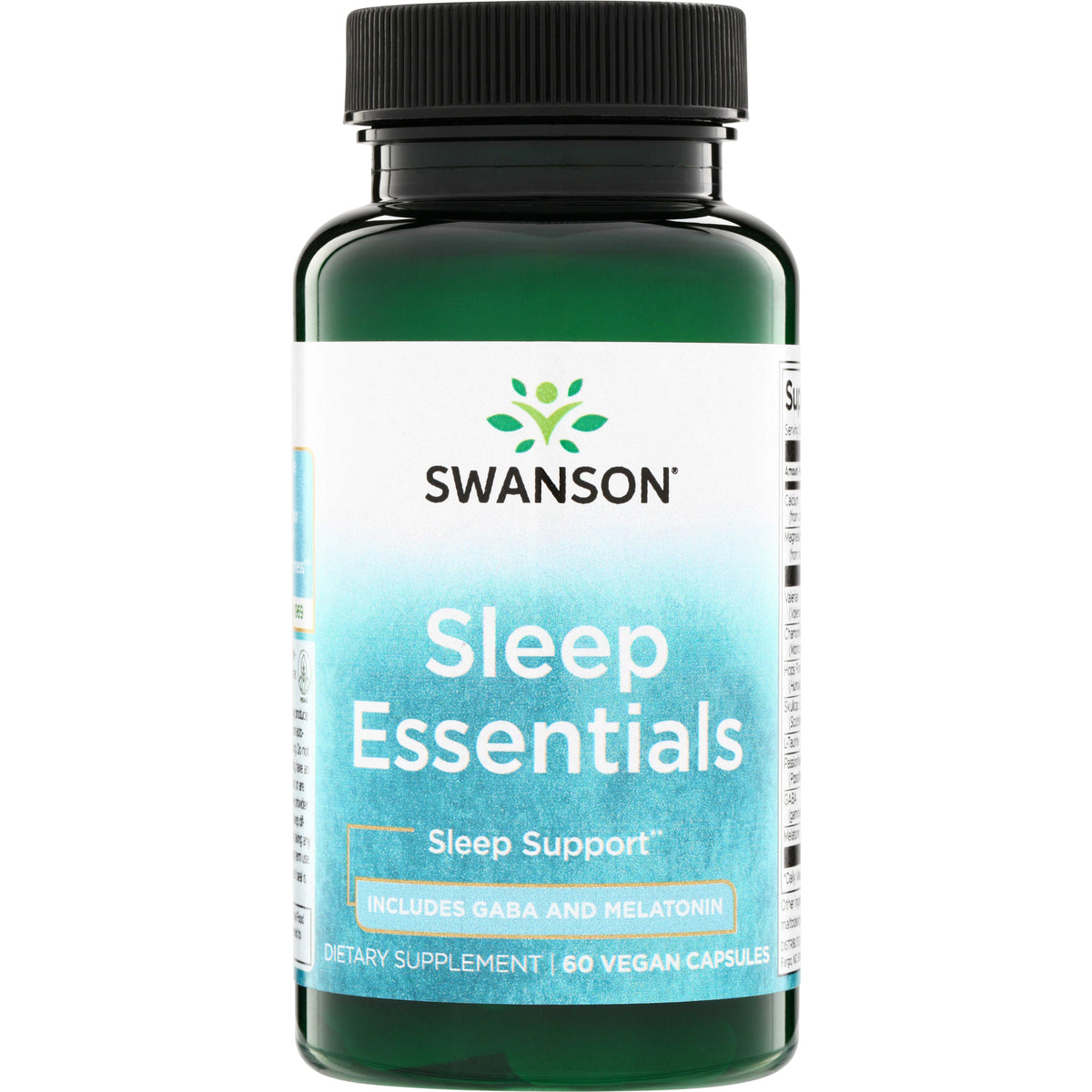 SWC104 | Swanson Sleep Essentials supplement bottle, Sleep Support, includes GABA and melatonin, 60 vegan capsules