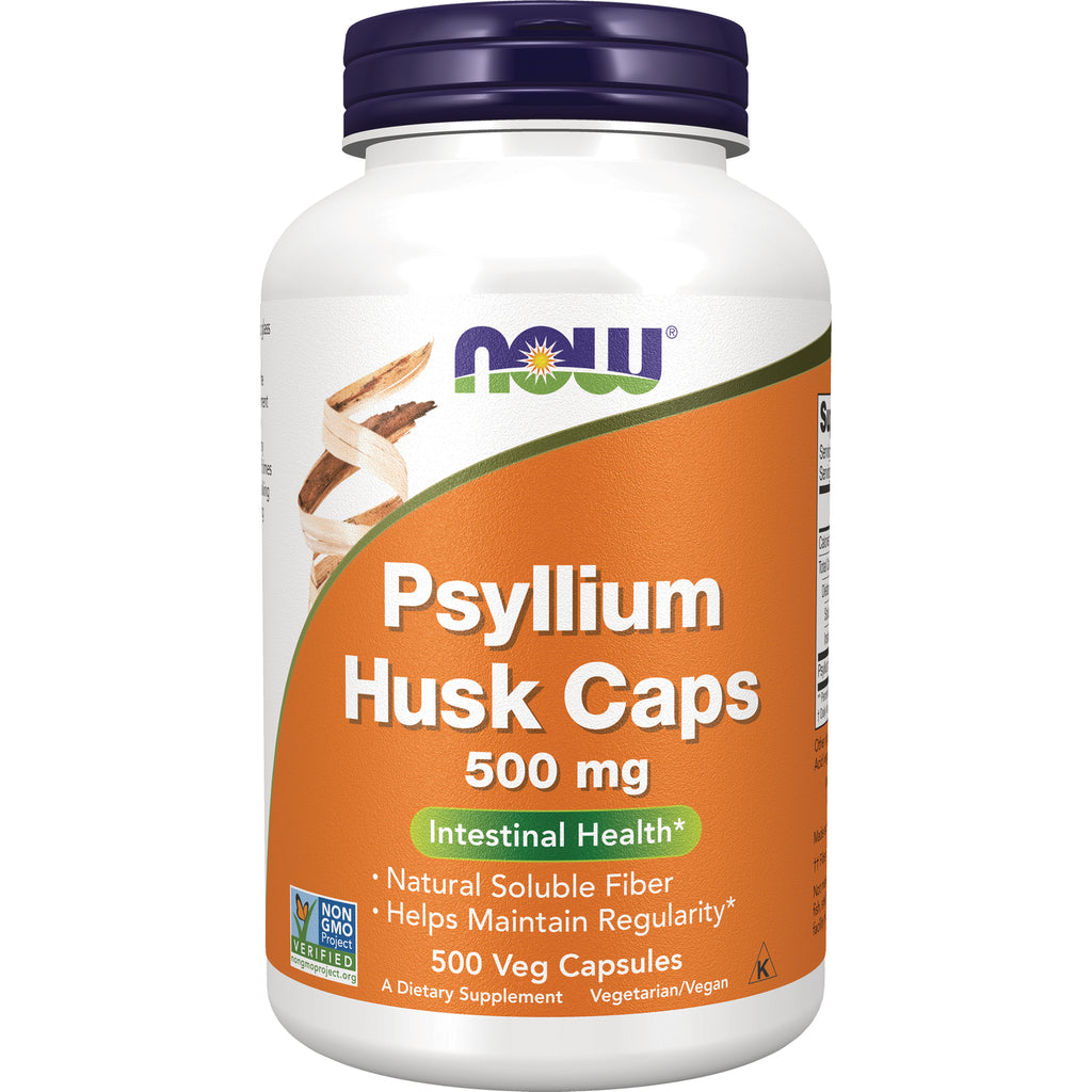 NWF1101 | NOW Psyllium Husk Caps 500 mg white bottle with orange label, 500 Veg Capsules - Thumbnail
