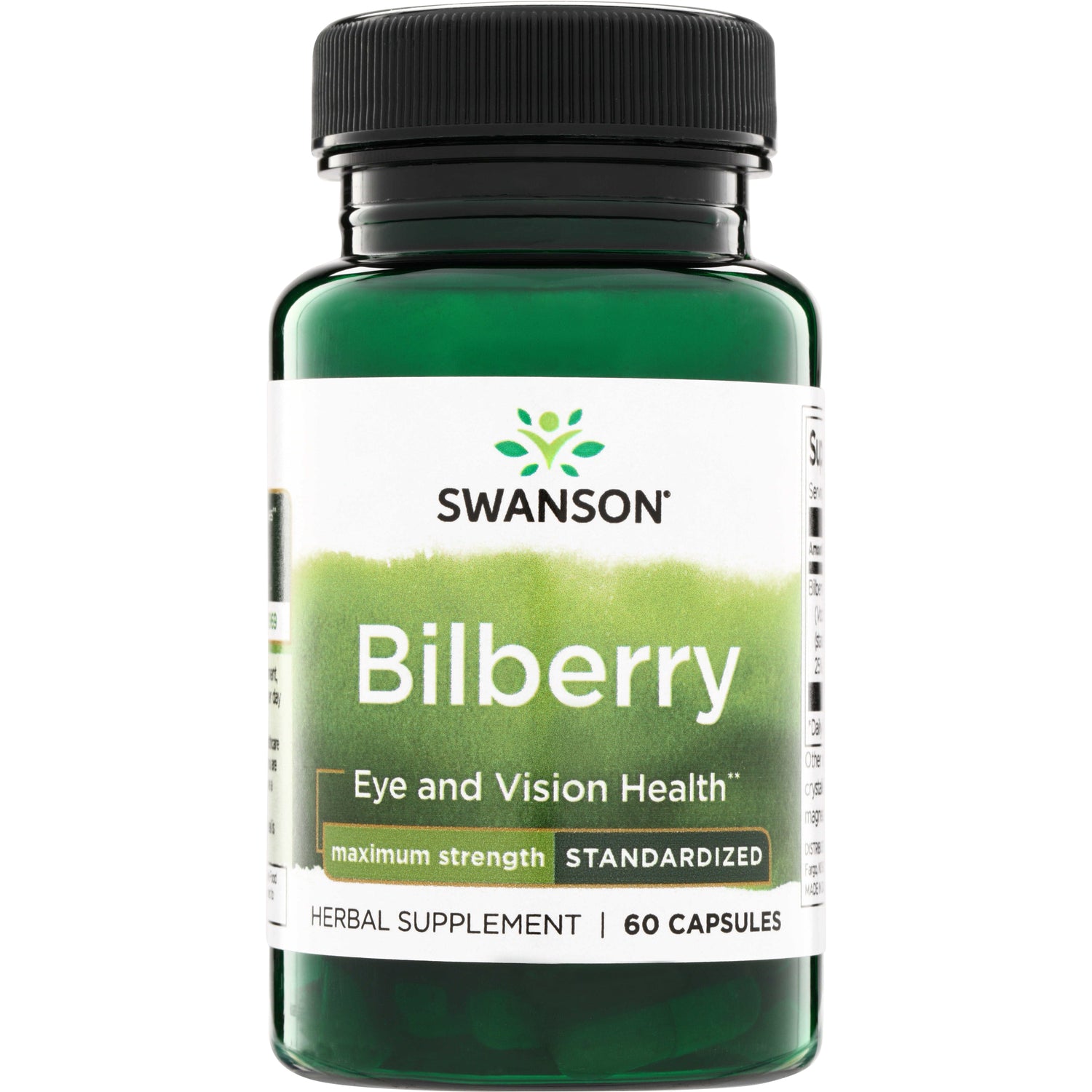 SWH115 | Swanson Bilberry supplement bottle, Maximum Strength Standardized, Eye and Vision Health, 60 capsules