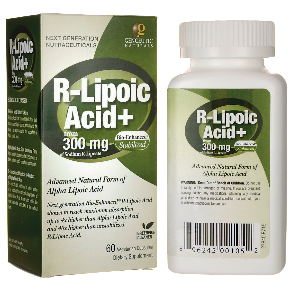 GNN003 | Front box and bottle of R-Lipoic Acid+ 300 mg dietary supplement, 60 vegetarian capsules