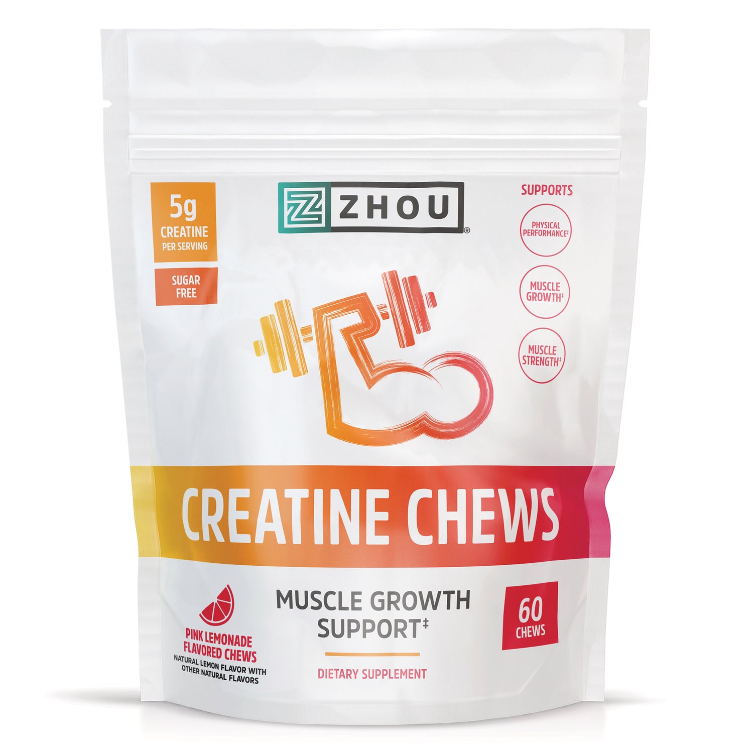 ZOU081 | Zhou Creatine Chews pouch, Pink Lemonade flavor, 5g creatine per serving, sugar free, 60 chews