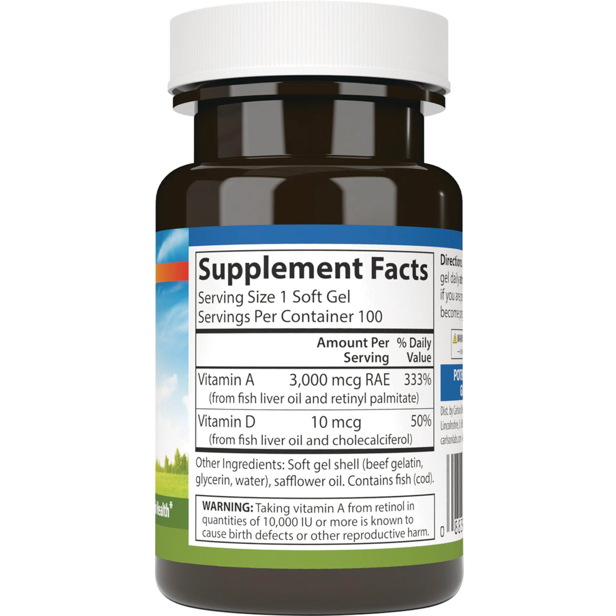 CSN152 | Back of supplement bottle showing Supplement Facts label with serving size, Vitamin A 3,000 mcg and Vitamin D 10 mcg, ingredients and warning