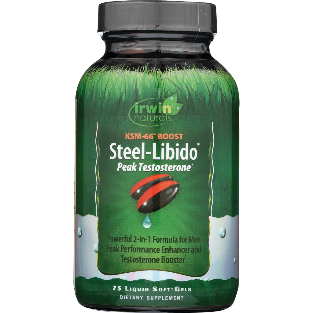 IR136 | Irwin Naturals Steel-Libido supplement bottle with green label, Peak Testosterone, 75 liquid soft-gels - Thumbnail