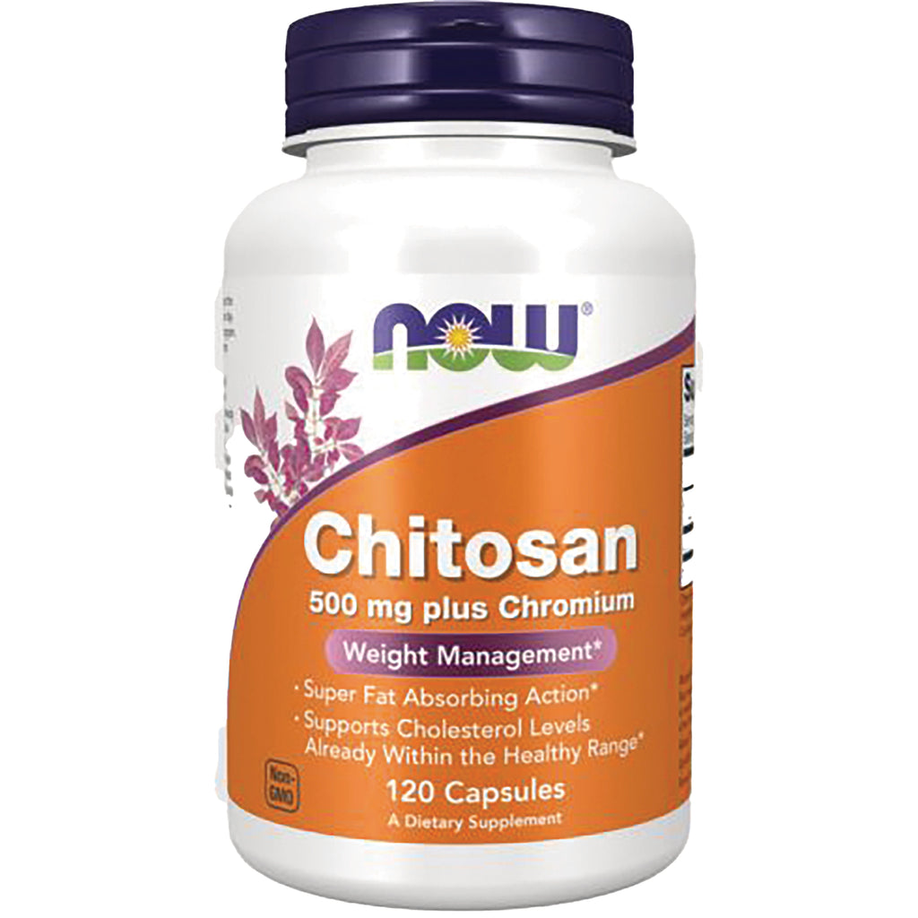 NWF731 | NOW Chitosan 500 mg plus Chromium dietary supplement bottle, 120 capsules, orange label - Thumbnail