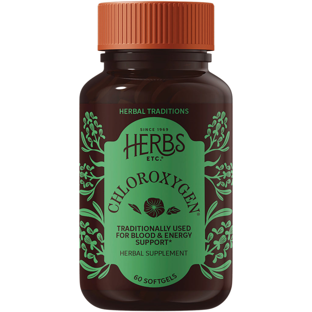 HE102 | Brown supplement bottle with green HERBS ETC label reading CHLOROXYGEN, traditionally used for blood & energy support, 60 softgels - Thumbnail