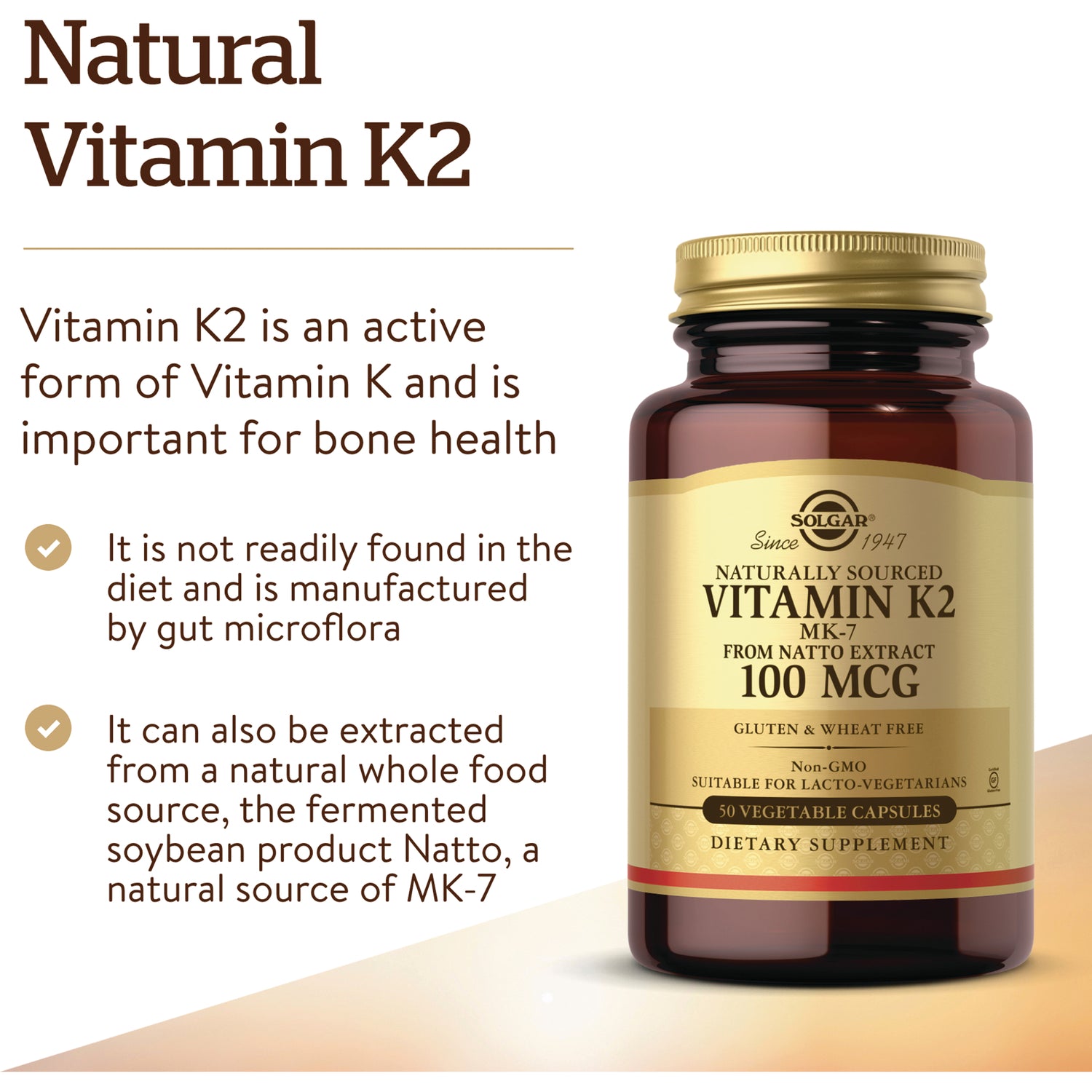SLG334 | Product infographic showing Solgar Natural Vitamin K2 bottle, 100 MCG label, and text about bone health and natto-sourced MK-7