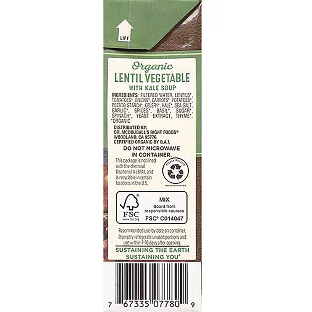 DMD011 | product side panel for Organic Lentil Vegetable with Kale Soup showing ingredients, recycling and FSC information and barcode - Thumbnail