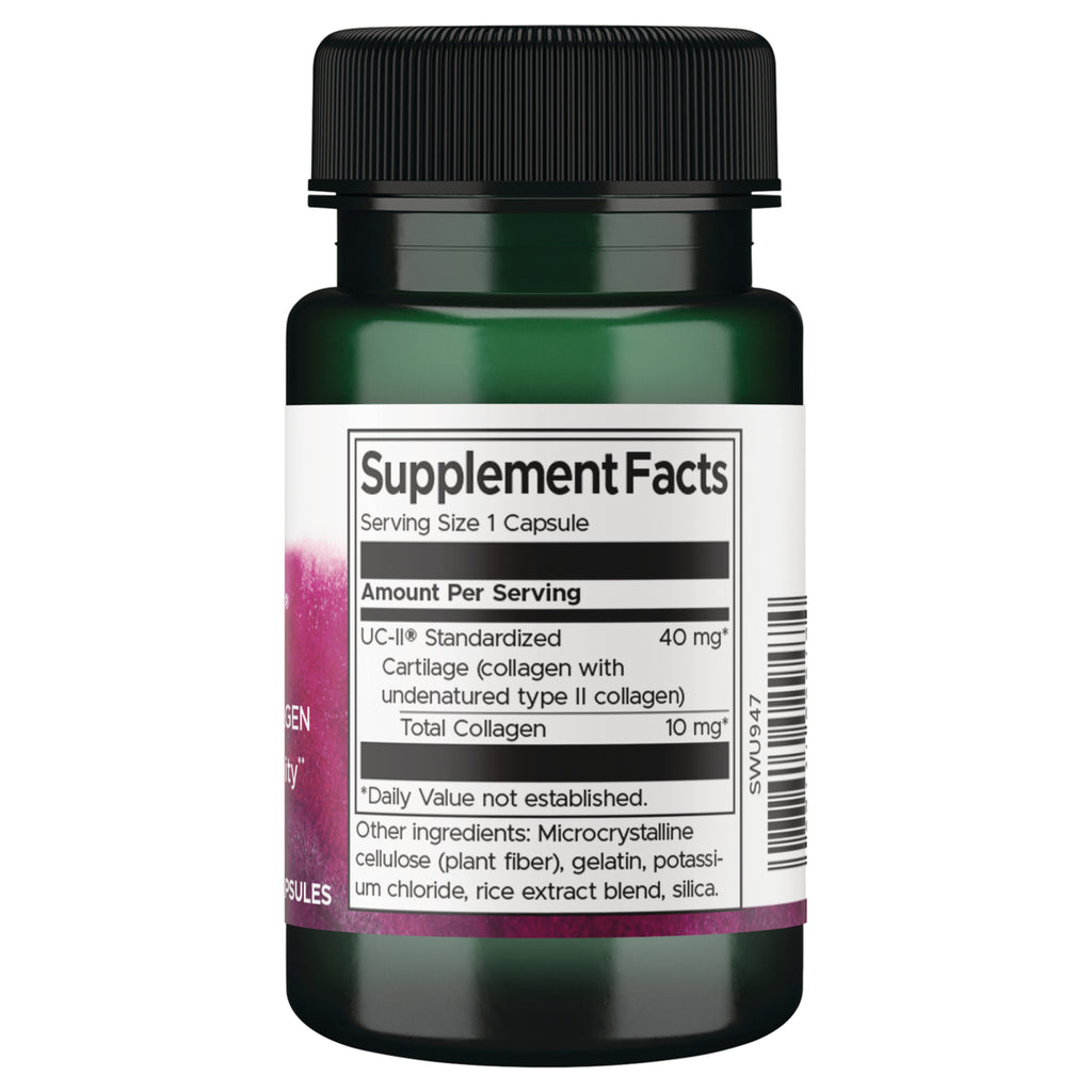 SWU947 | Back of bottle showing Supplement Facts panel, serving size 1 capsule, UC-II standardized 40 mg, total collagen 10 mg - Thumbnail
