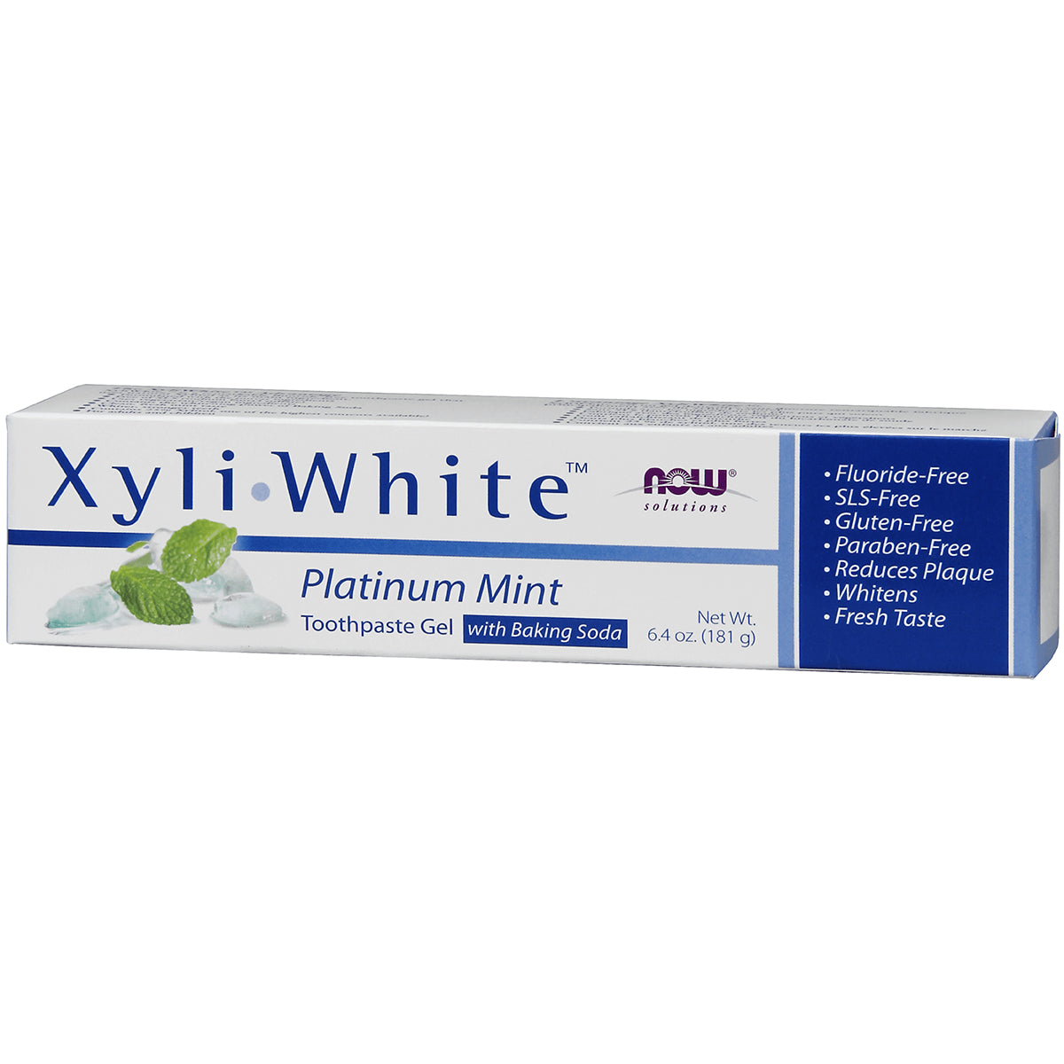 NWF163 | XyliWhite Platinum Mint toothpaste gel box with baking soda, front packaging showing brand and feature list