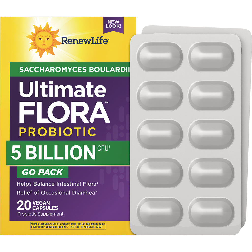RNL254 | RenewLife Ultimate FLORA probiotic 5 billion CFU GO PACK box with two blister packs of capsules - Thumbnail