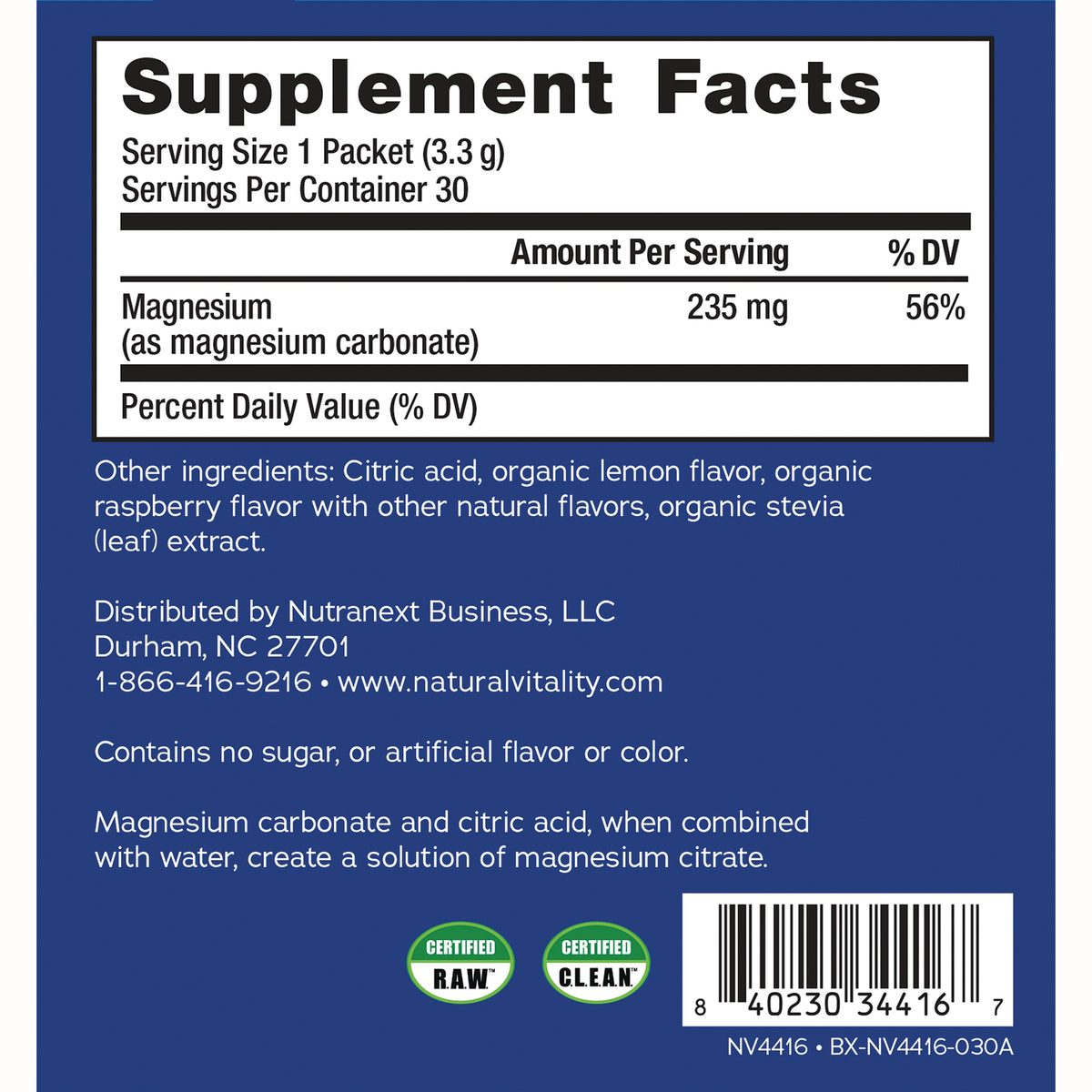NVT070 | Back label showing Supplement Facts with magnesium 235 mg, ingredient list, distributor info and barcode on blue packet