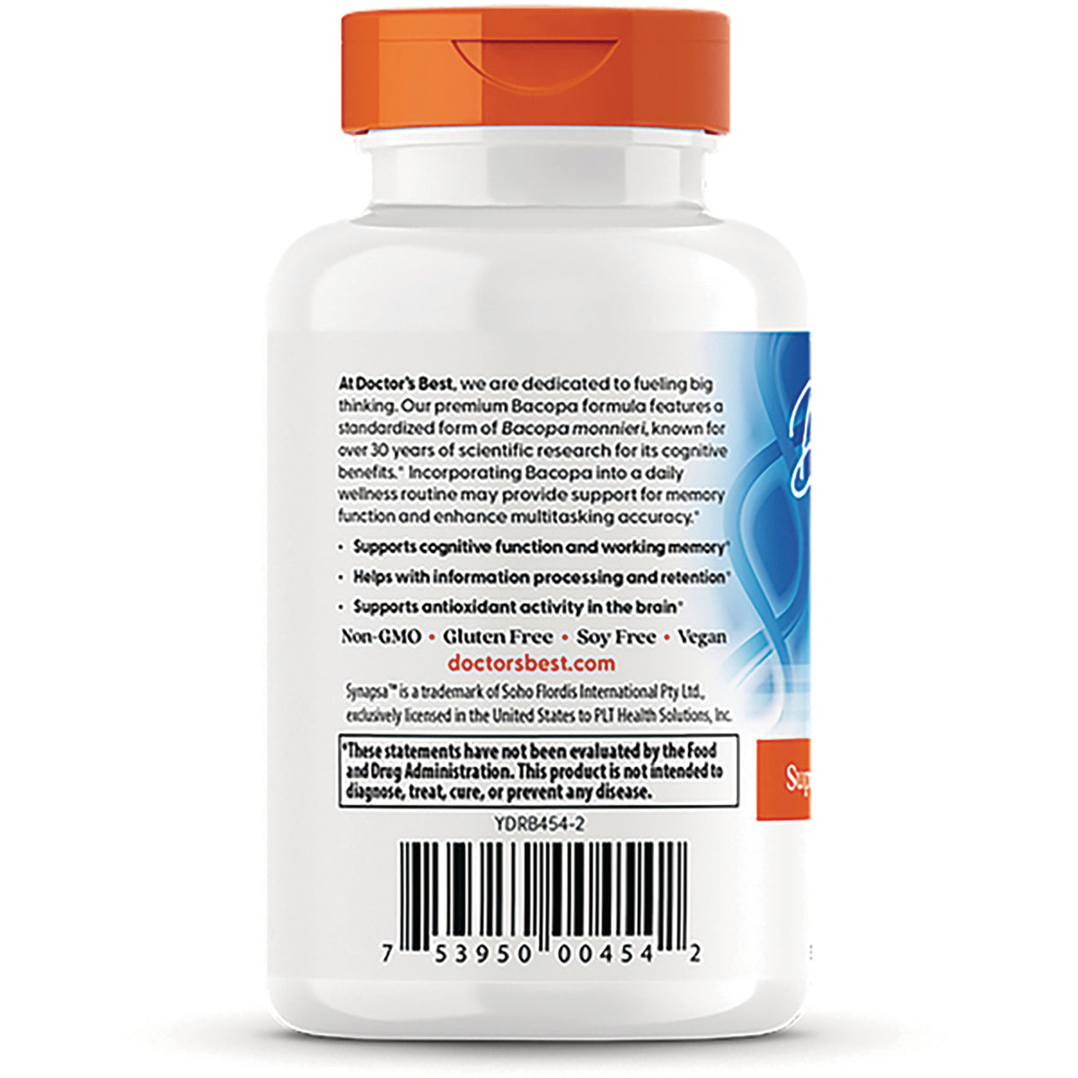 DB249 | Back label of Doctor's Best Bacopa with Synapsa showing supplement claims, barcode and QR code