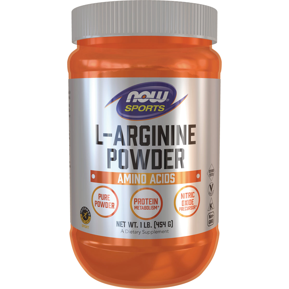 NWF891 | NOW Sports L-Arginine Powder supplement jar, orange container with silver label reading L-ARGININE POWDER
