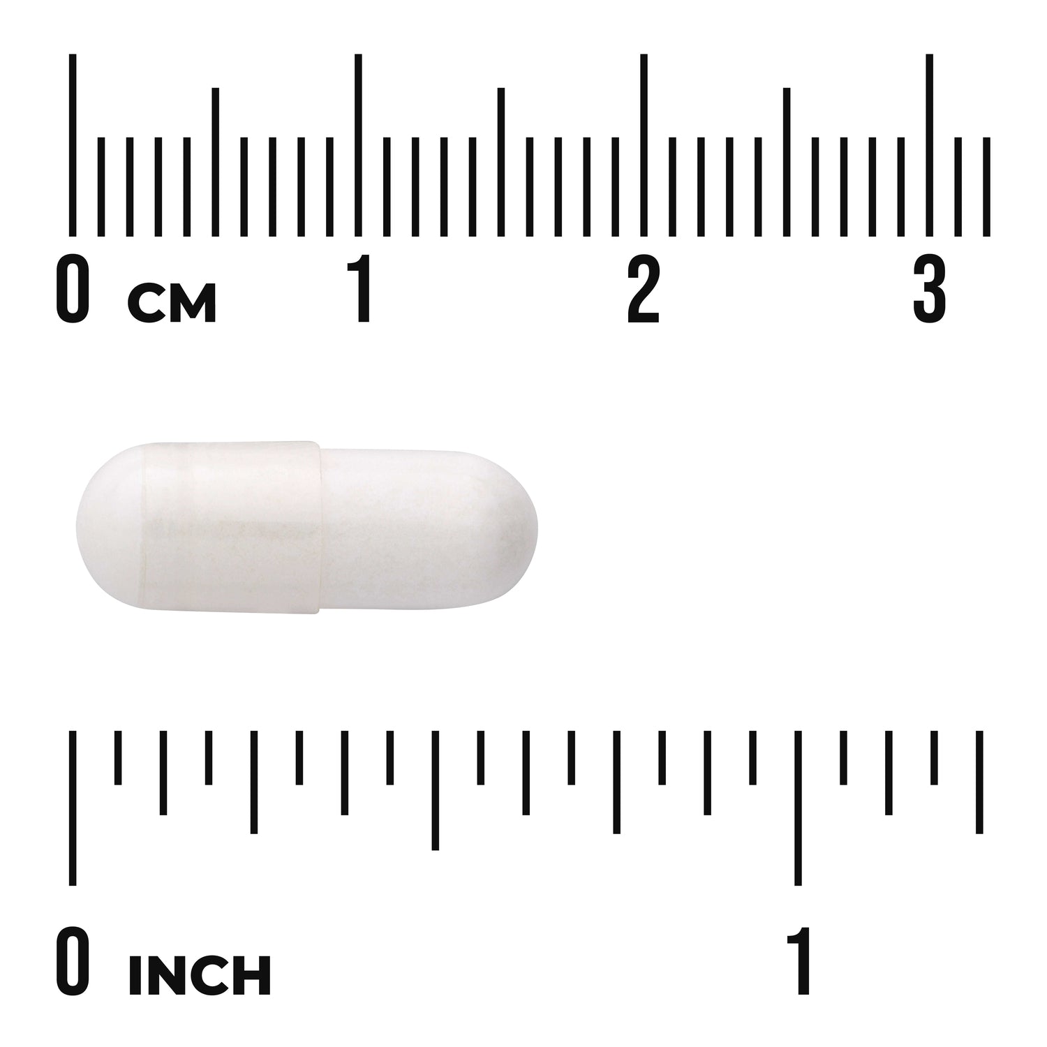SWU923 | white capsule pill next to centimeter and inch rulers showing scale, includes visible text '0 CM' and '0 INCH'