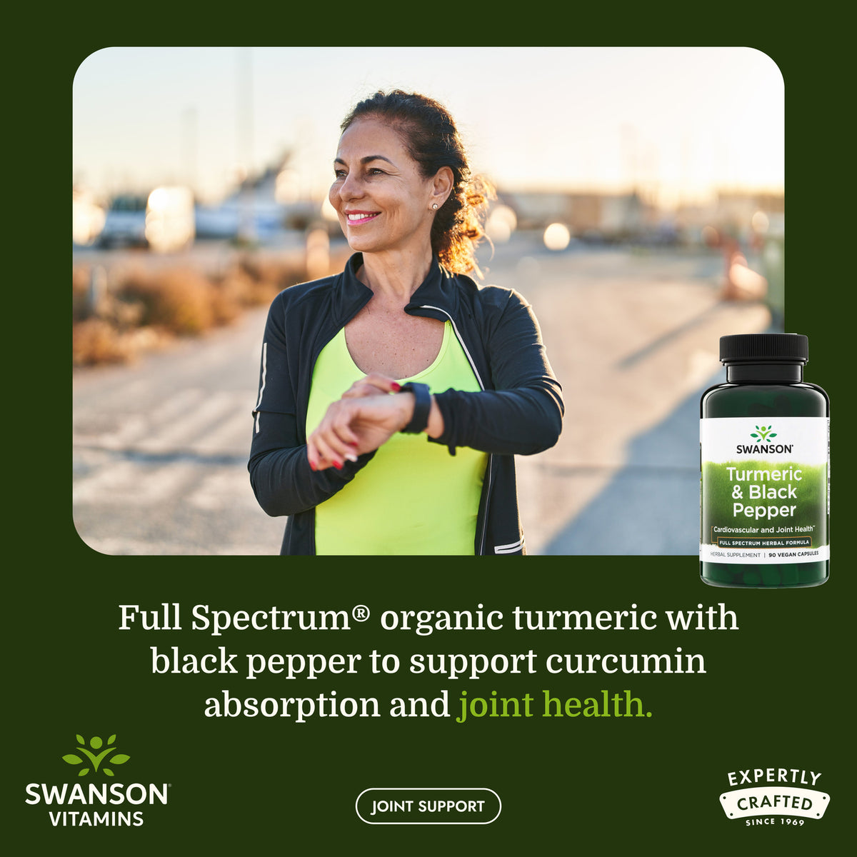 SW1877 | Woman checking her smartwatch outdoors beside Swanson Turmeric & Black Pepper supplement bottle