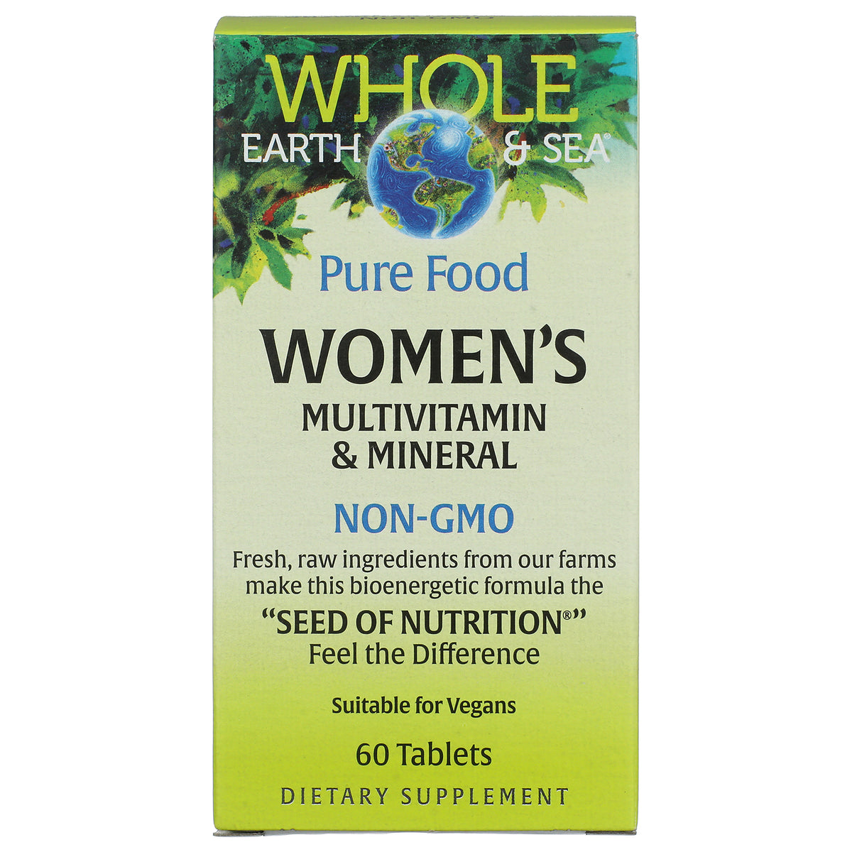 NFC189 | Whole Earth & Sea Pure Food Women's multivitamin & mineral box labeled NON-GMO, 60 tablets