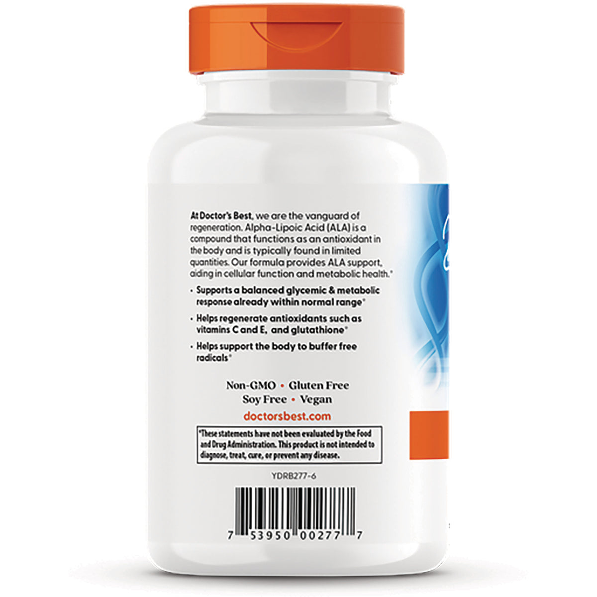 White supplement bottle back showing label text and bullet benefits, Non-GMO Gluten Free Soy Free Vegan, barcode