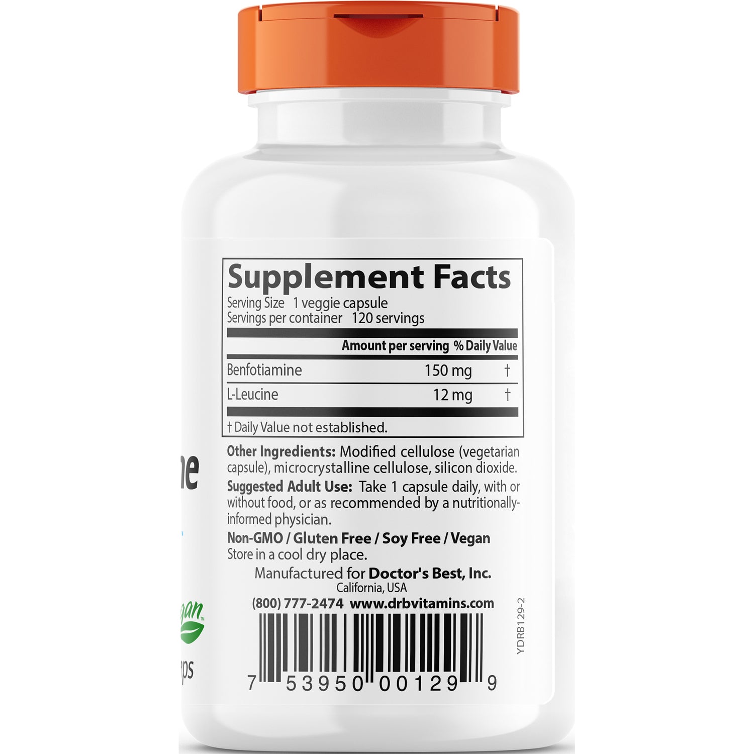 DB072 | Back label showing Supplement Facts panel with benfotiamine 150 mg, ingredients, suggested use and barcode