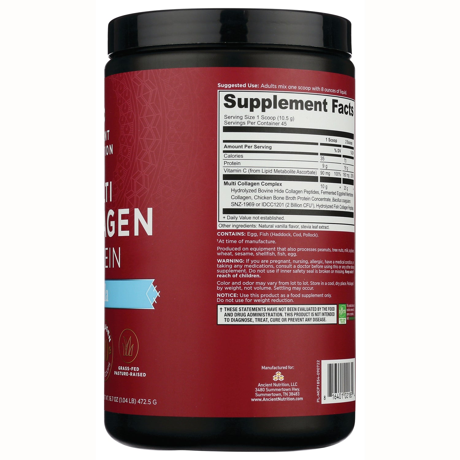 ATN025 | Back of red supplement container showing Supplement Facts panel, ingredients and warnings