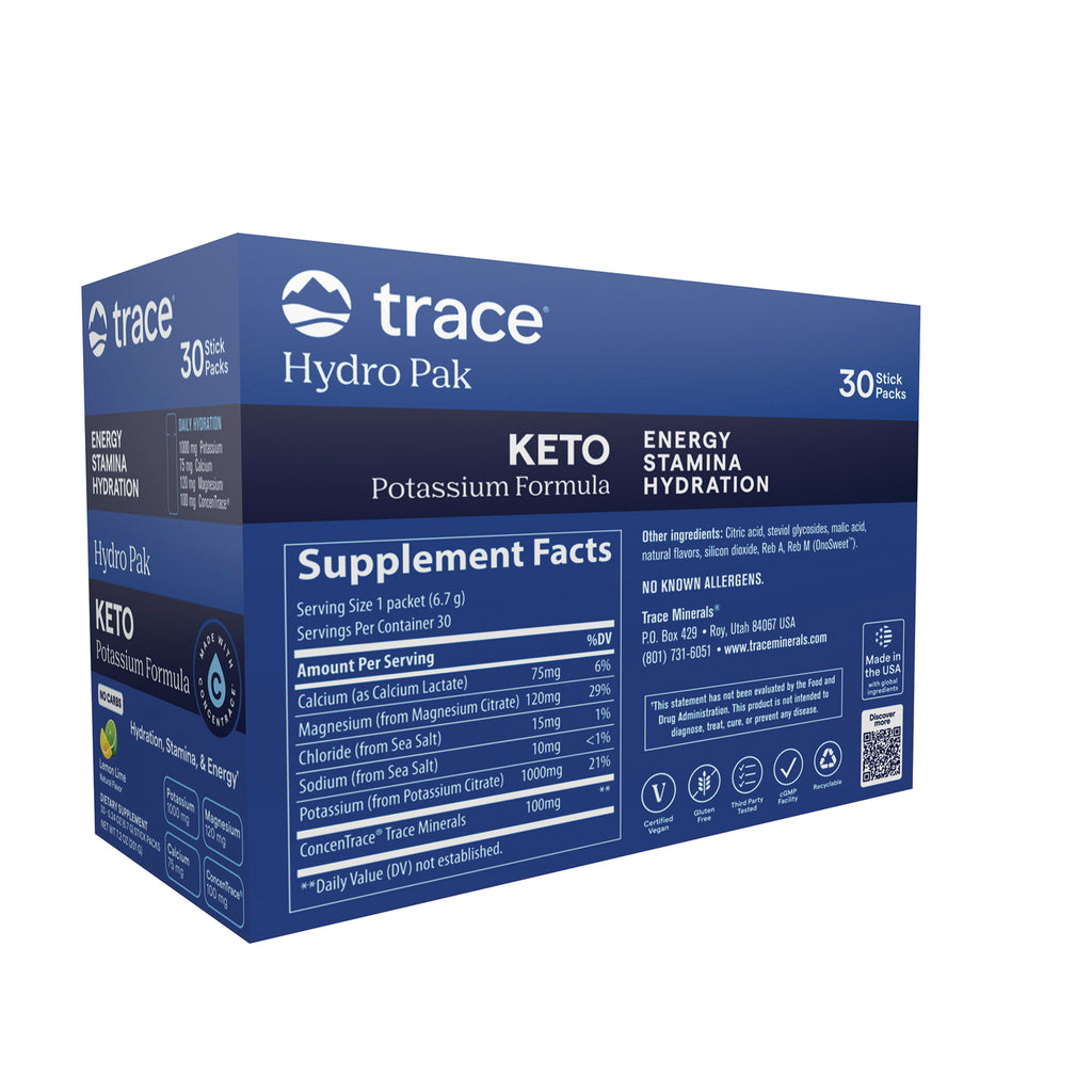 TM174 | Trace Hydro Pak Keto potassium formula box with Supplement Facts and 30 stick packs - Thumbnail