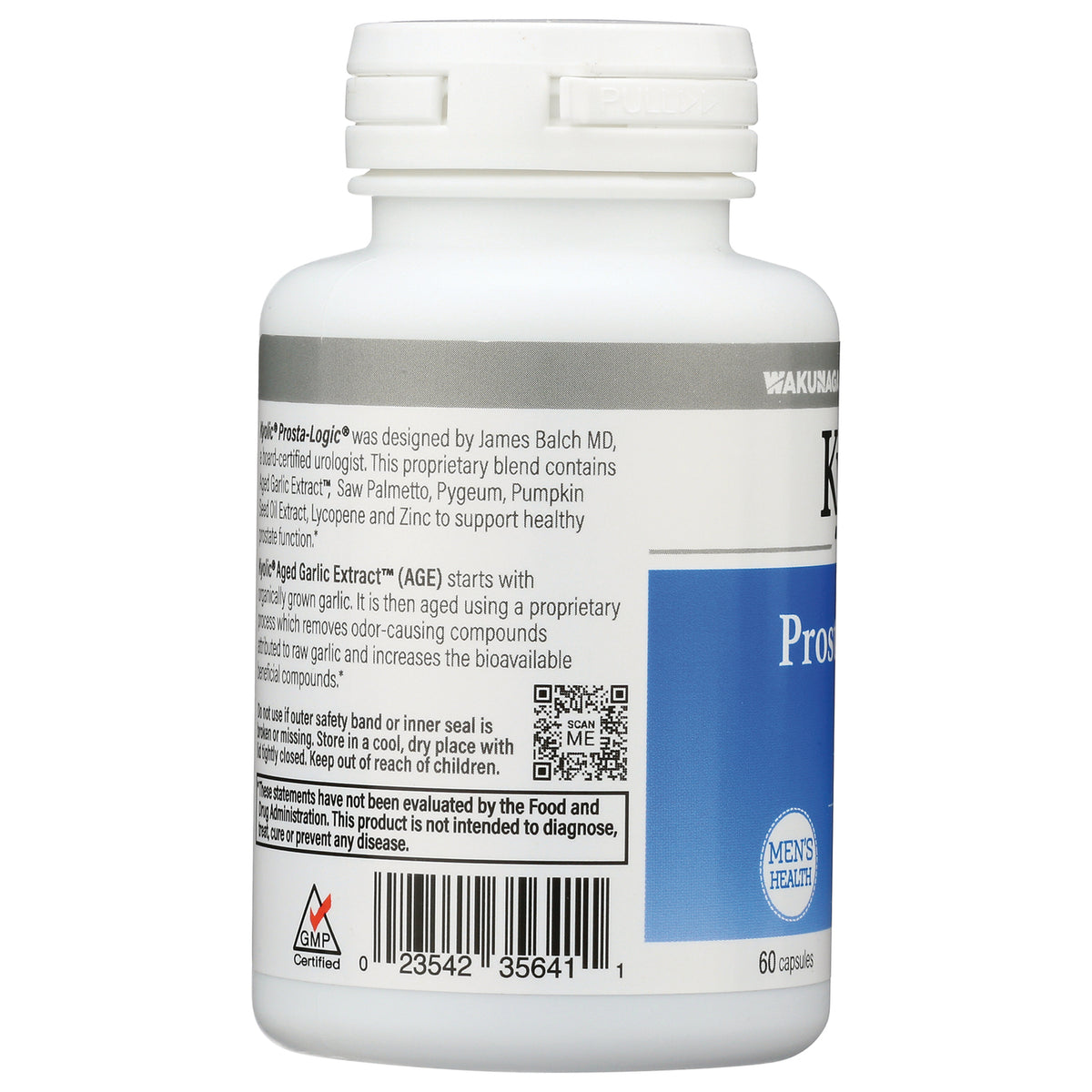 KY062 | back label showing ingredient text, barcode, QR code and men's health badge on white supplement bottle