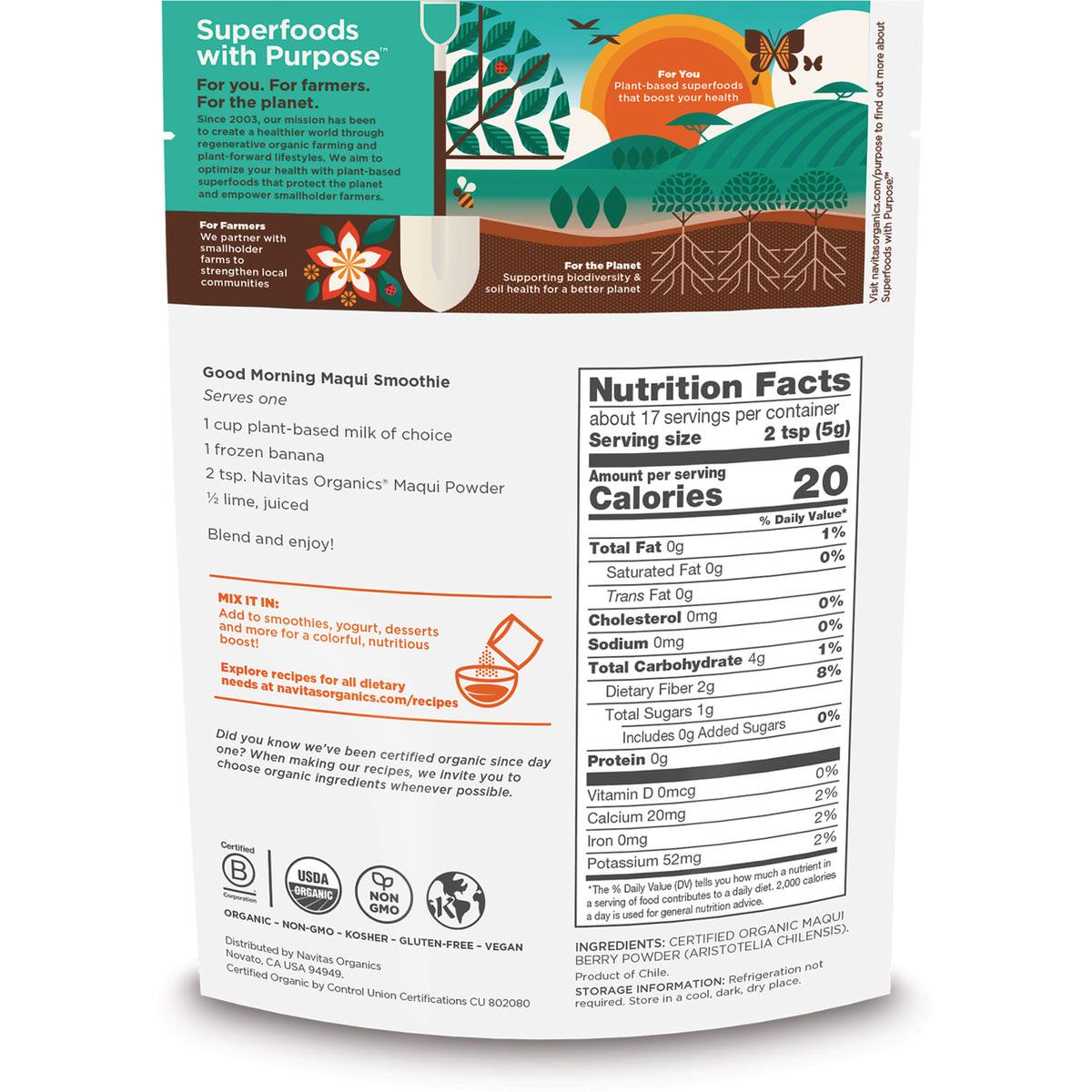 NAV034 | Back of powder pouch showing Nutrition Facts panel, recipe and organic and non-GMO certification icons