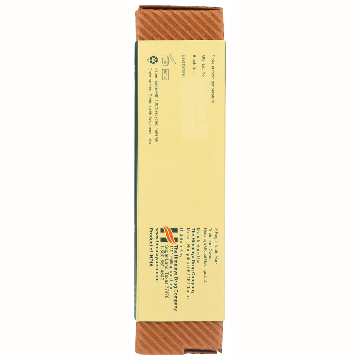 HHH037 | Back of yellow product box showing manufacturer details, recycling symbols and Product of INDIA text