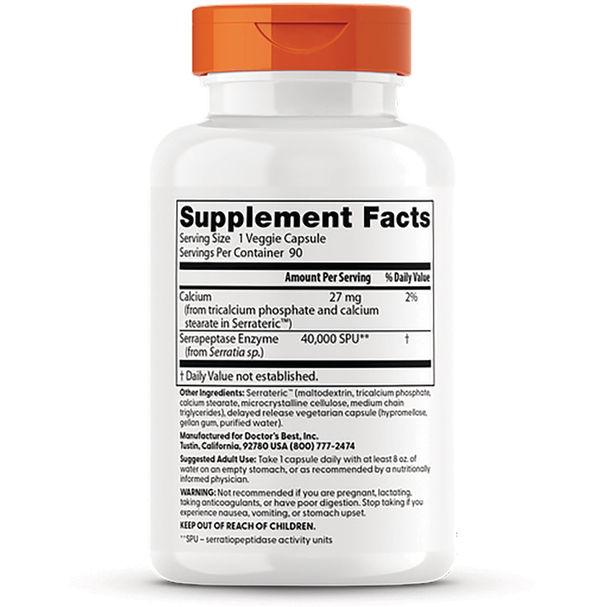 Supplement Facts label on back of white supplement bottle with orange cap showing serving size, calcium and serrapeptase enzyme facts