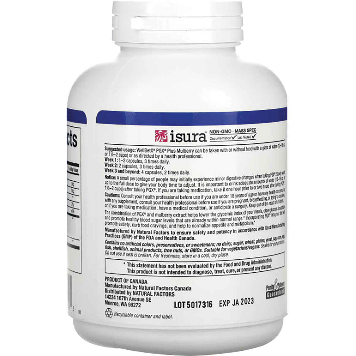 NFC035 | Back of white supplement bottle showing isura label, usage directions, lot 5017316 and EXP JA 2023