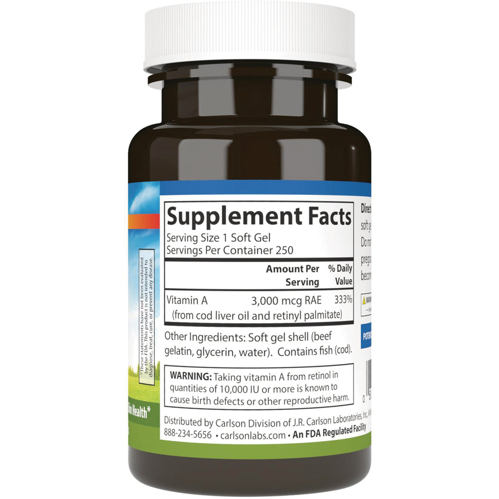 Supplement Facts label on brown supplement bottle showing Serving Size 1 Soft Gel and Vitamin A 3,000 mcg RAE - Thumbnail