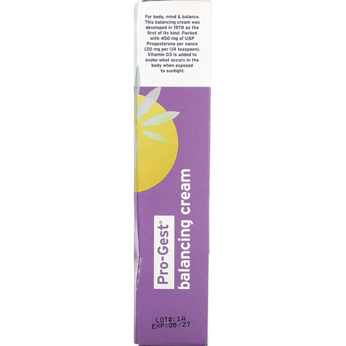 EMR013 | back of Pro-Gest balancing cream box showing product name Pro-Gest balancing cream, ingredient text and LOT#:1A EXP:08/27