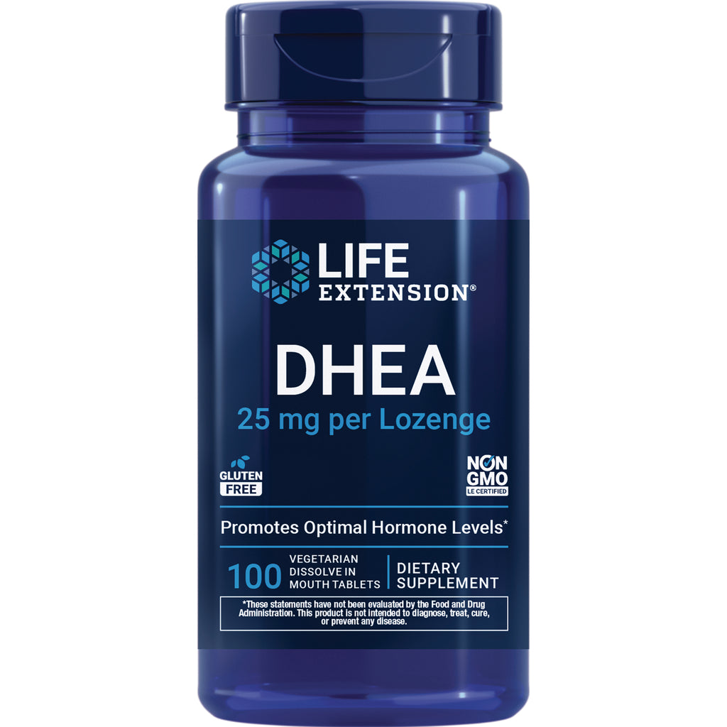 LE135 | Life Extension DHEA 25 mg bottle, 100 vegetarian dissolve-in-mouth tablets dietary supplement - Thumbnail
