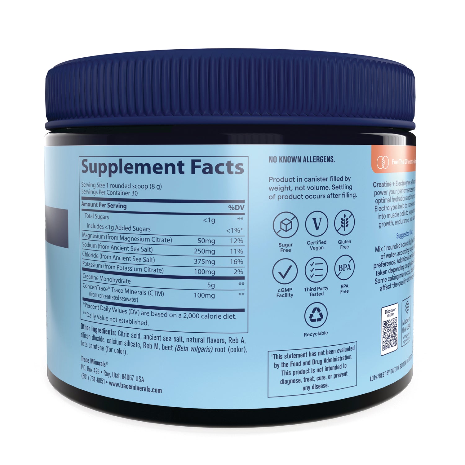 TM172 | Back label of Trace Minerals supplement jar with Supplement Facts and usage instructions