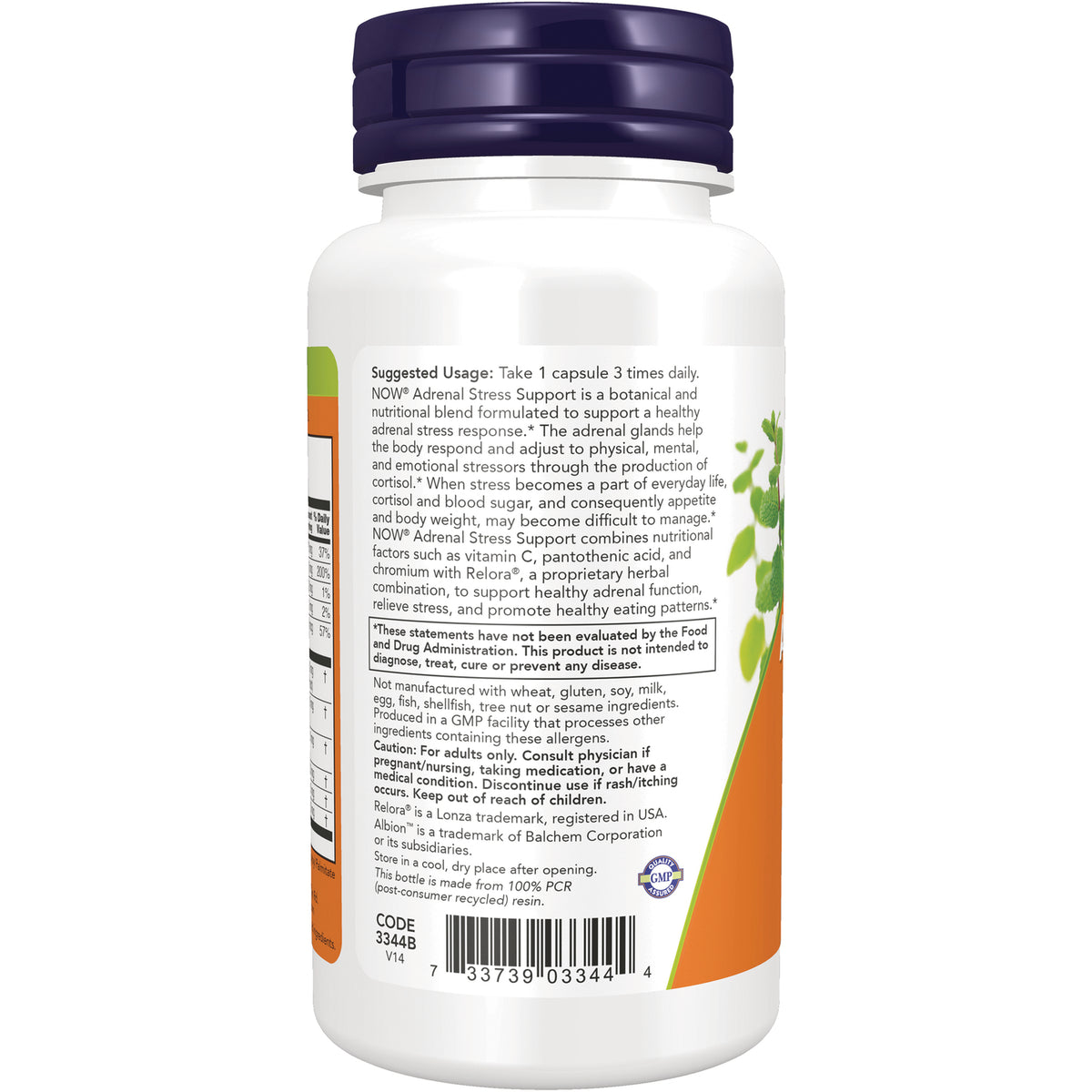 NWF576 | Back label of white supplement bottle showing suggested usage, warnings, and barcode