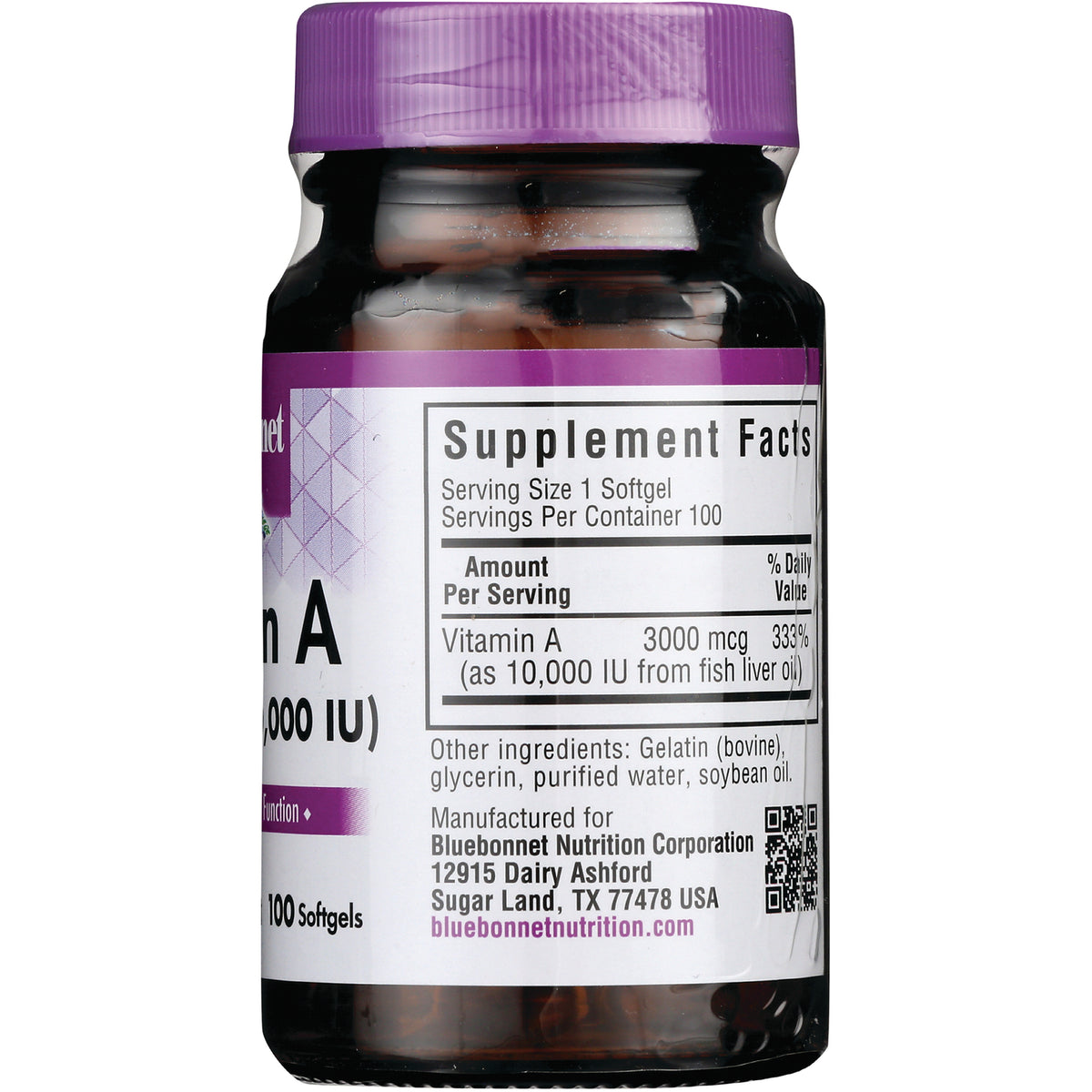 BLU121 | Back of supplement bottle showing Supplement Facts panel listing Vitamin A 3000 mcg and manufacturer Bluebonnet Nutrition address