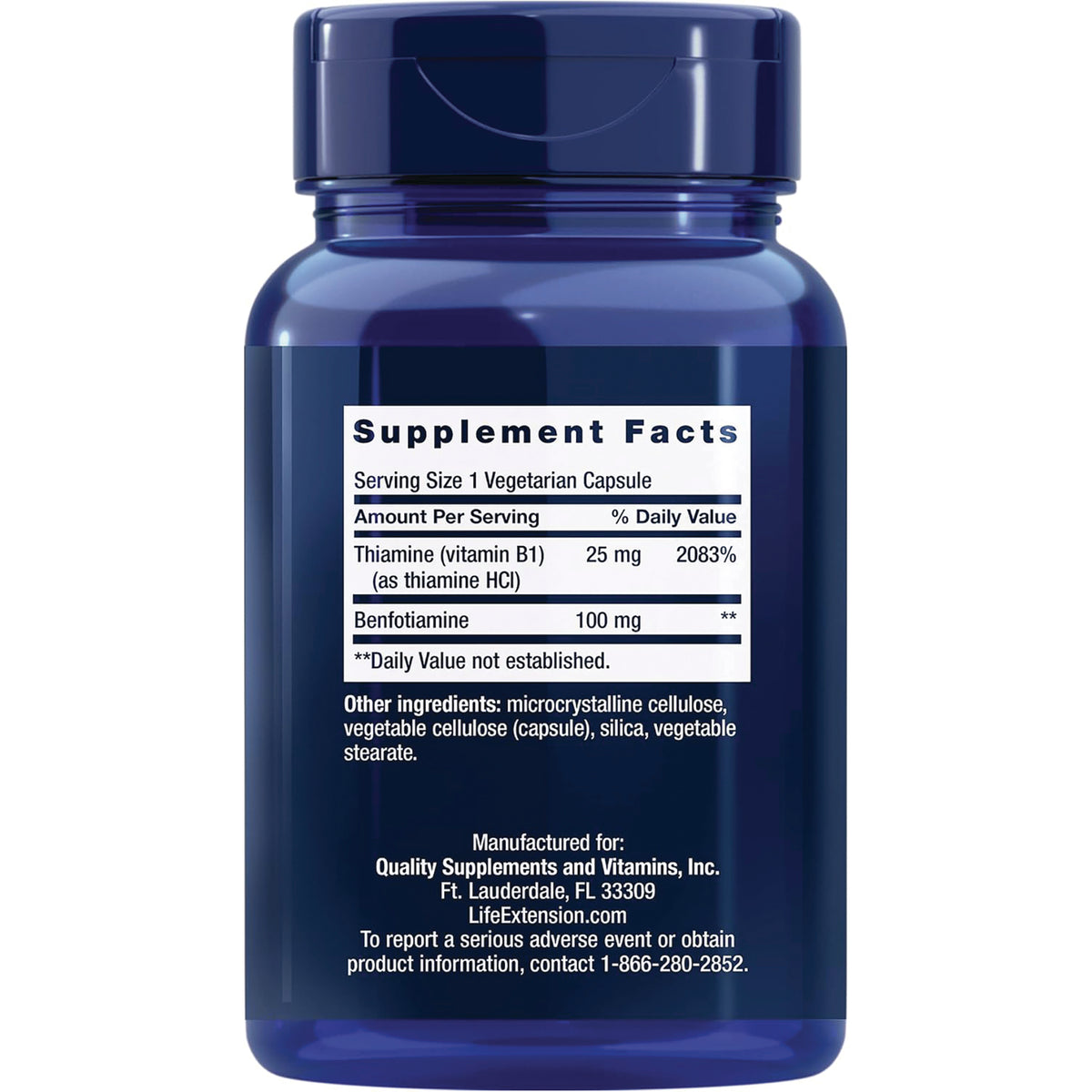 LE320 | Supplement Facts label on a Life Extension bottle showing thiamine and benfotiamine, 100 mg