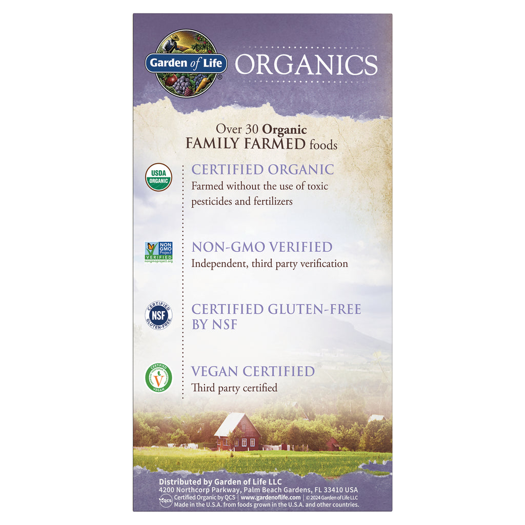 GLF184 | back panel listing certified organic, non-GMO verified, gluten-free by NSF, and vegan certified over farm background - Thumbnail