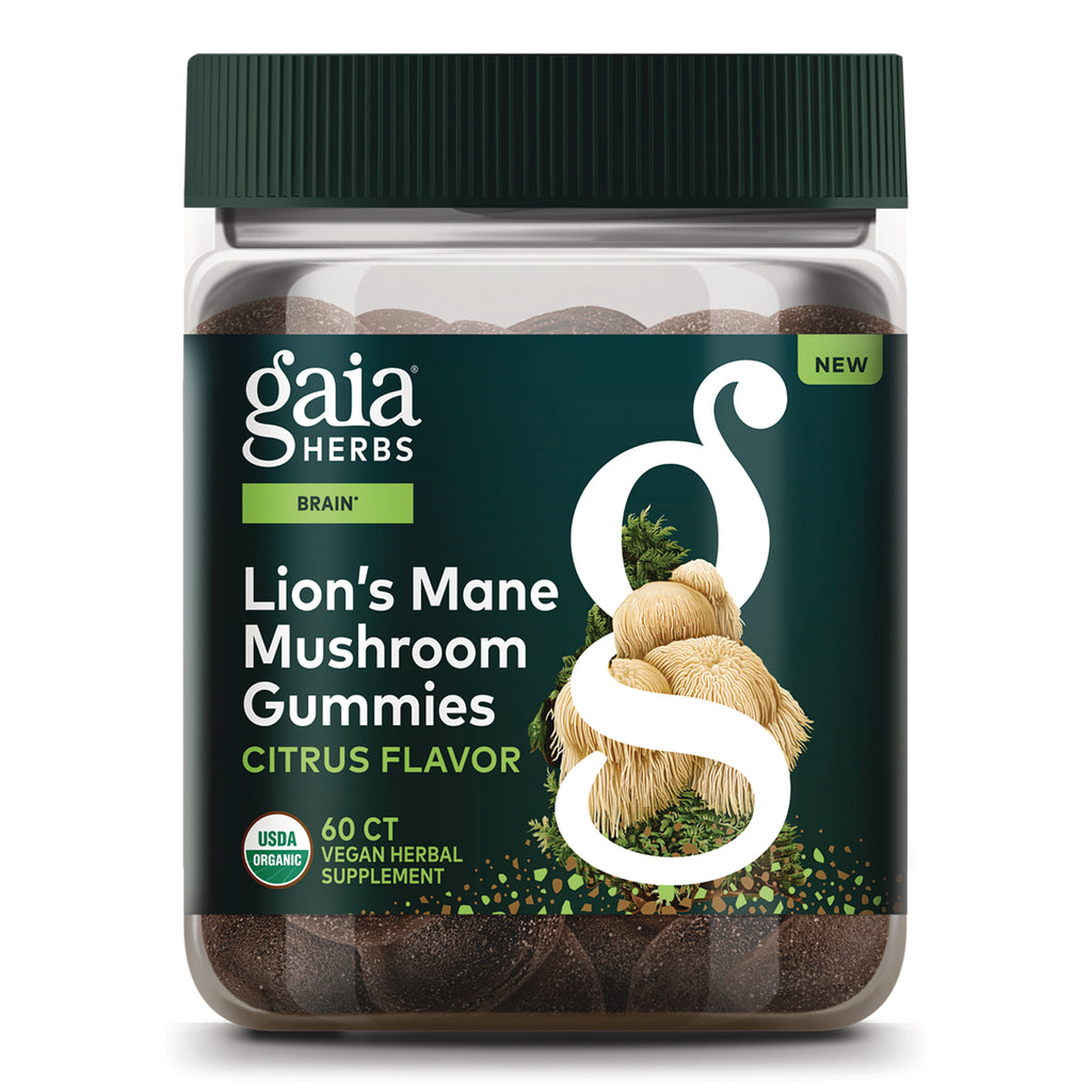 GH177 | Gaia Herbs Lion's Mane Mushroom Gummies citrus flavor jar, 60 count front label - Thumbnail