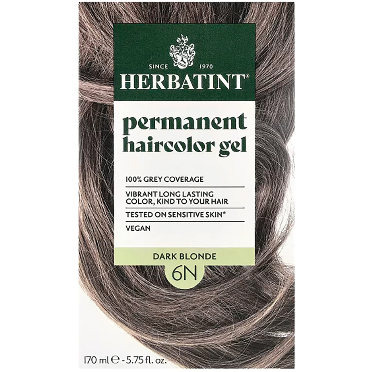 HBT003 | Herbatint permanent haircolor gel box front, dark blonde 6N with brand name and product claims