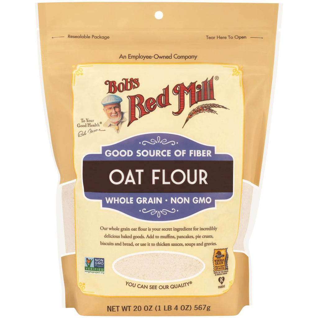 BOB446 | Bob's Red Mill oat flour pouch front showing Good Source of Fiber, whole grain Non GMO, NET WT 20 OZ - Thumbnail