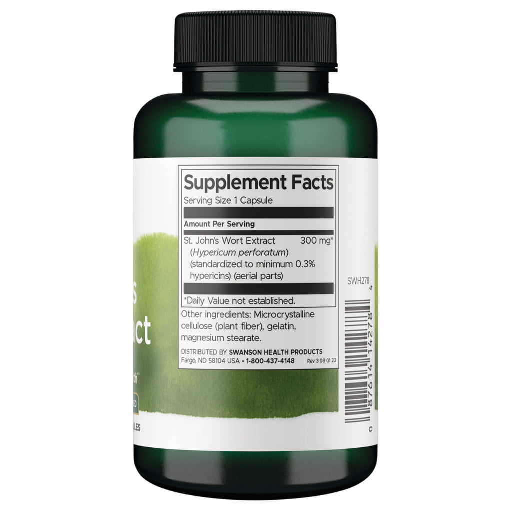 SWH278 | Back of supplement bottle with Supplement Facts for St. Johns Wort Extract 300 mg, serving size 1 capsule - Thumbnail
