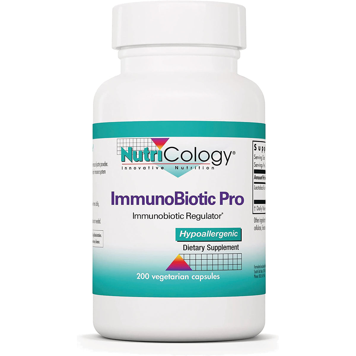 NCL063 | NutriCology ImmunoBiotic Pro hypoallergenic dietary supplement bottle front label, 200 vegetarian capsules