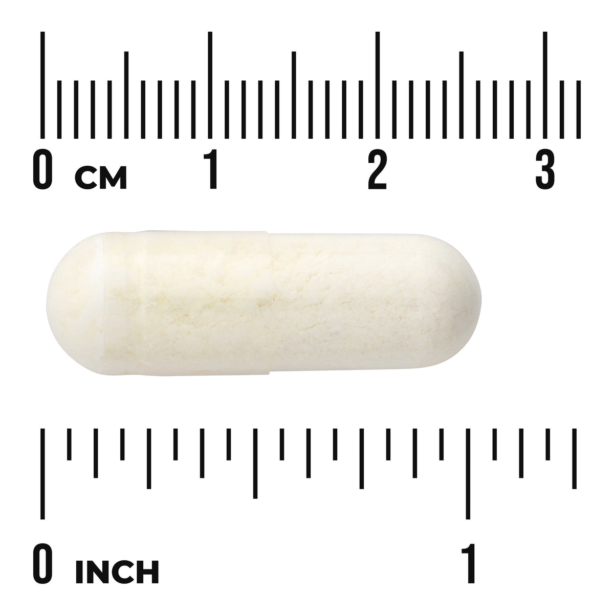 SWU319 | White capsule centered on centimeter and inch rulers to show size