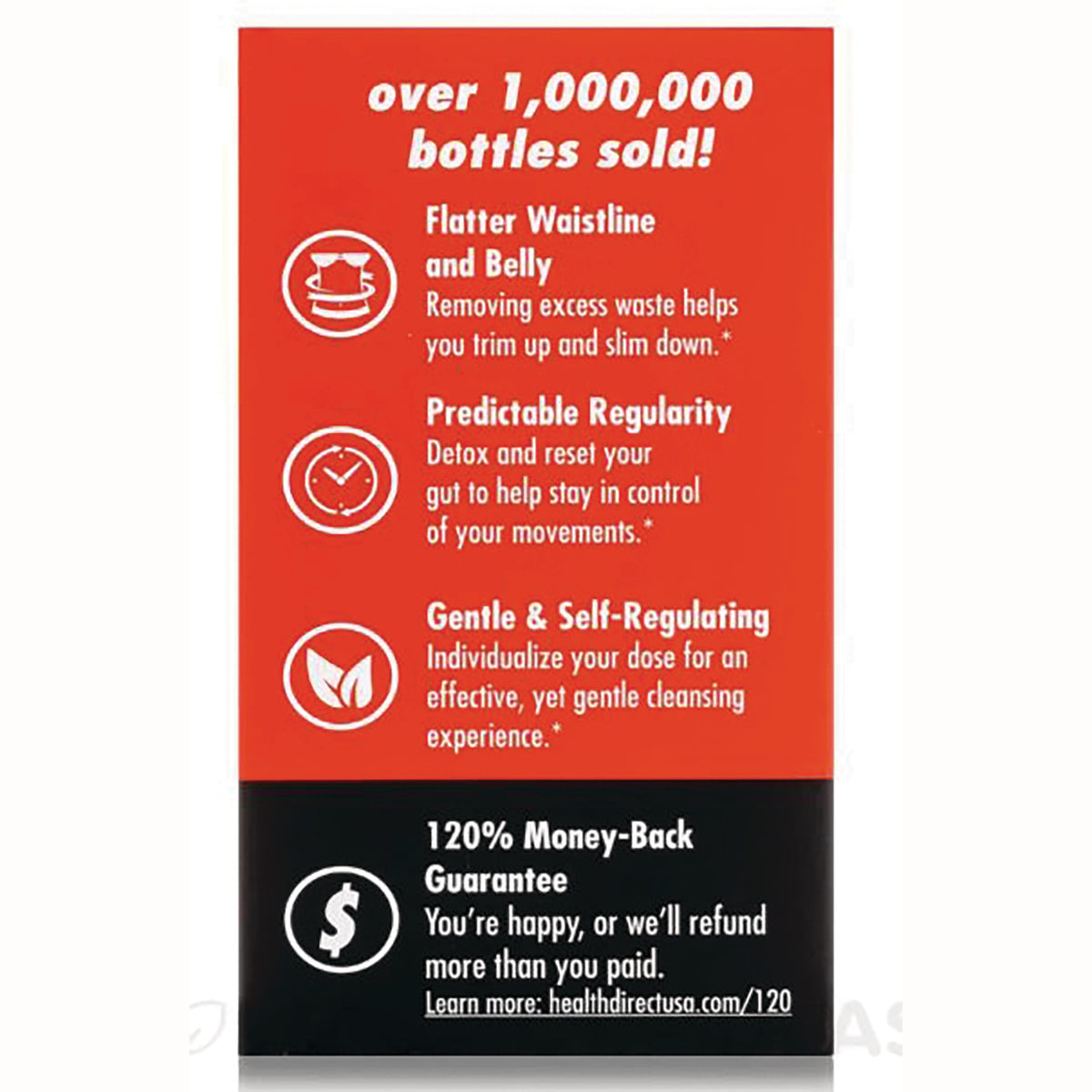 HD003 | product infographic: over 1,000,000 bottles sold; flatter waistline; predictable regularity; gentle self-regulating; 120% money-back guarantee